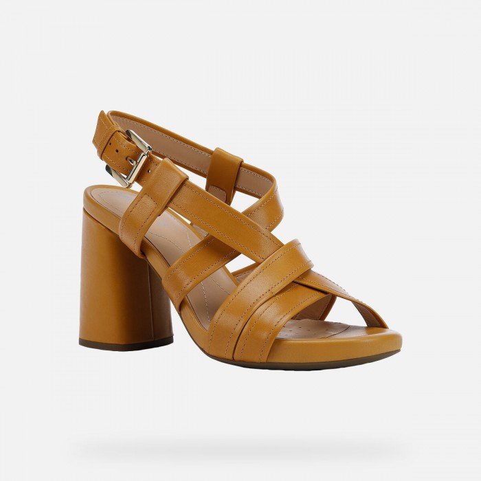 Cómodas sandalias de mujer Geox Genziana tacón cuadrado alto piel ocre