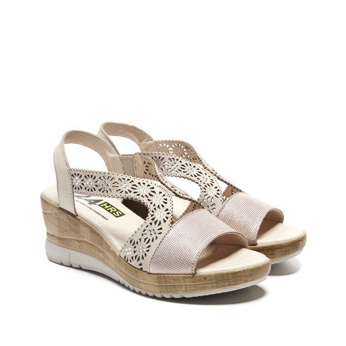 Sandalias tiras mujer 24 Hrs 24947 de cuña y piel combinada rosa nude.
